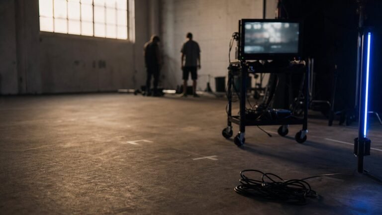 Set de filmagem vazio ao fim do dia, com monitor desfocado e uma luz azul ao fundo.