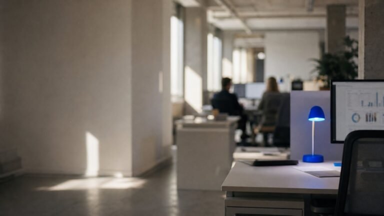 Escritório de agência com pessoas desfocadas ao fundo e luz azul discreta sobre mesas de trabalho.