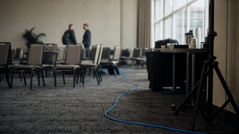 Sala lateral de um evento de mídia após um painel, com cadeiras vazias e um cabo azul no chão.