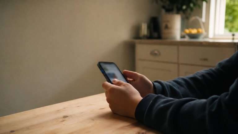 Mãos de um adolescente segurando um celular sobre a mesa, com a tela desfocada e luz natural entrando pela janela.
