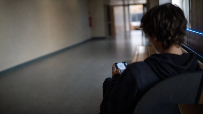 Adolescente de costas em corredor de escola, desfocado, segurando um celular com tela ilegível, com uma faixa de luz azul ao fundo.