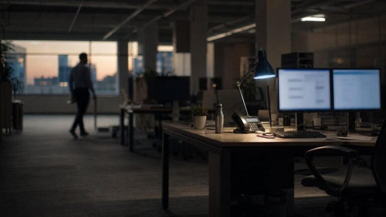 Escritório vazio ao entardecer com monitores desfocados e uma luminária de luz azul sobre a mesa.